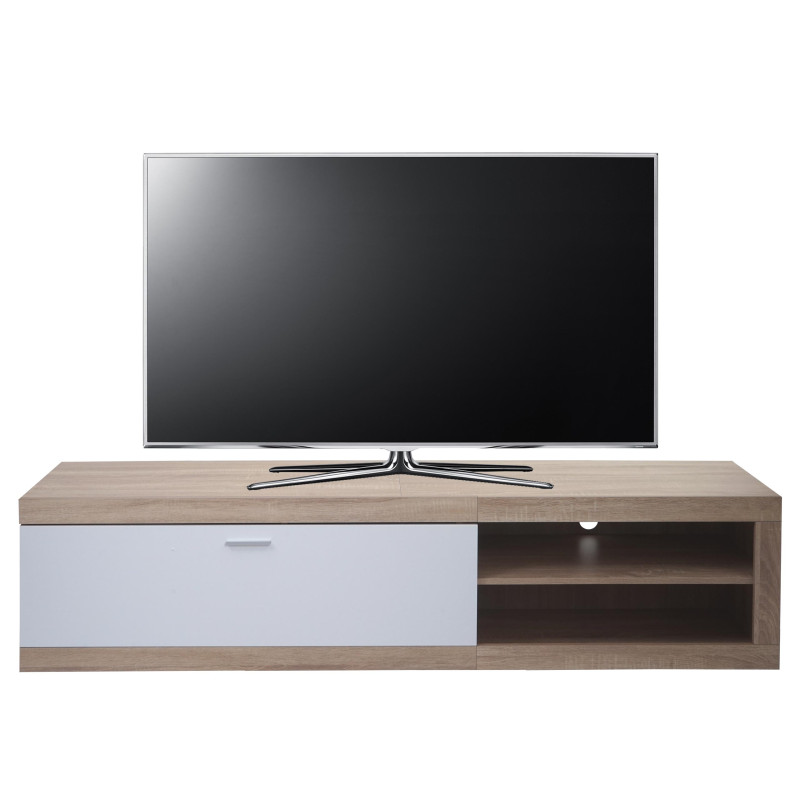 Rack TV Table TV Table basse Armoire TV Commode, bois 43x180x41cm Compartiment de rangement, aspect chêne, blanc
