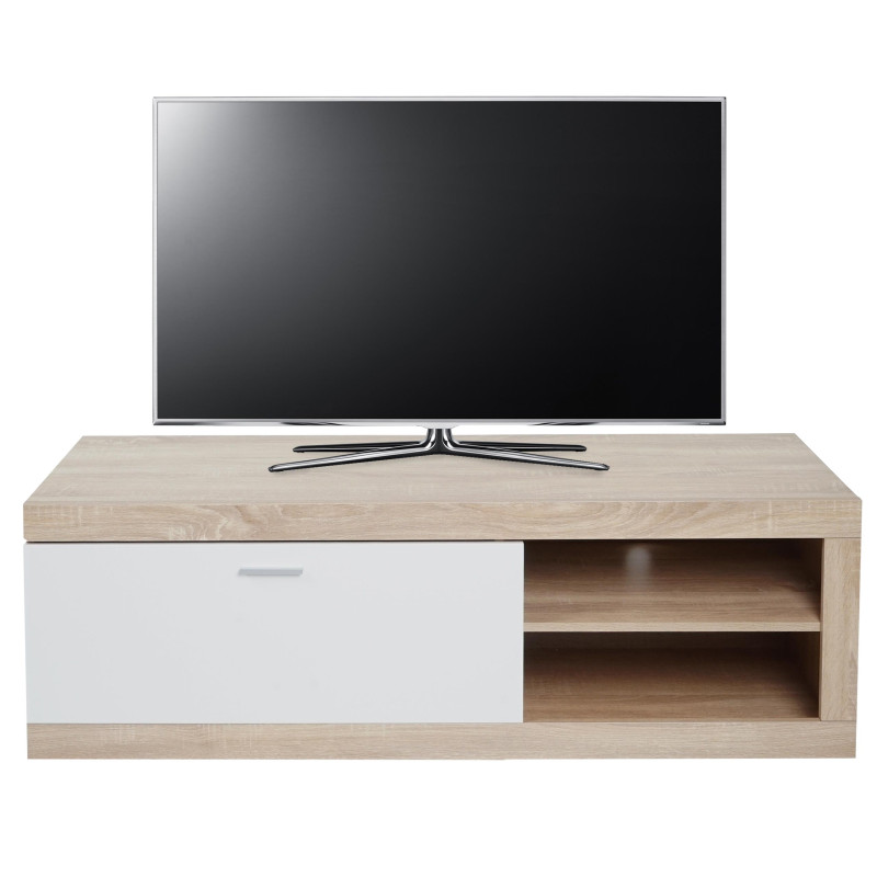 Rack TV Table TV Table basse Armoire TV Commode, bois 43x140x41cm Compartiment de rangement, aspect chêne, blanc