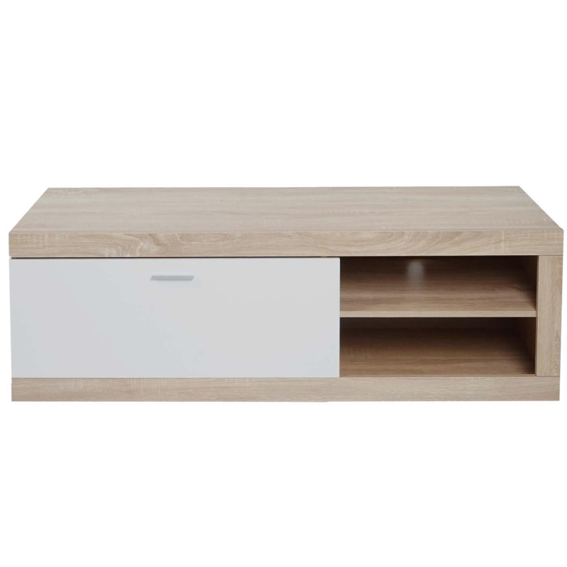 Rack TV Table TV Table basse Armoire TV Commode, bois 43x140x41cm Compartiment de rangement, aspect chêne, blanc