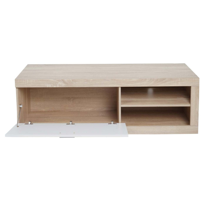 Rack TV Table TV Table basse Armoire TV Commode, bois 43x140x41cm Compartiment de rangement, aspect chêne, blanc