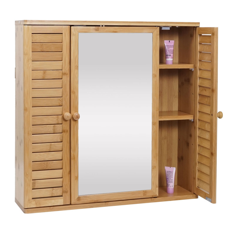 Armoire de toilette armoire de toilette suspendue, 3 étagères 3 portes miroir bambou 60x60x15cm