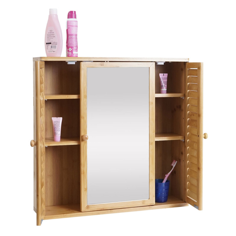 Armoire de toilette armoire de toilette suspendue, 3 étagères 3 portes miroir bambou 60x60x15cm