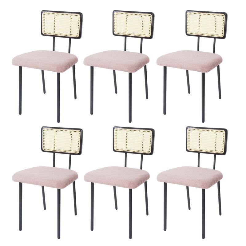 Lot de 6 chaises de salle à manger fauteuil chaise, bois poly rotin métal bouclé - tissu/textile rose