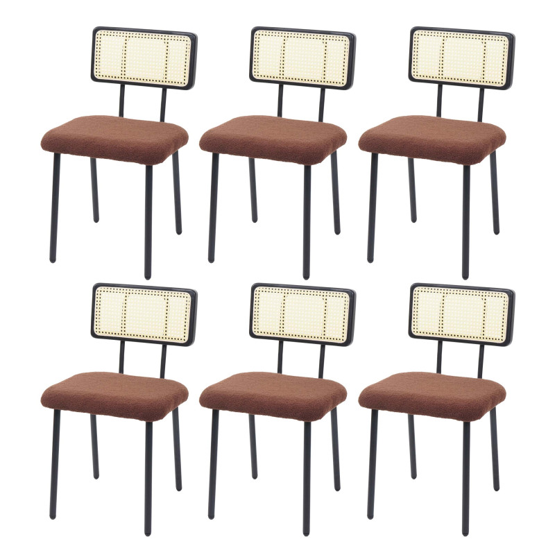 Lot de 6 chaises de salle à manger fauteuil chaise, bois poly rotin métal bouclé - tissu/textile marron