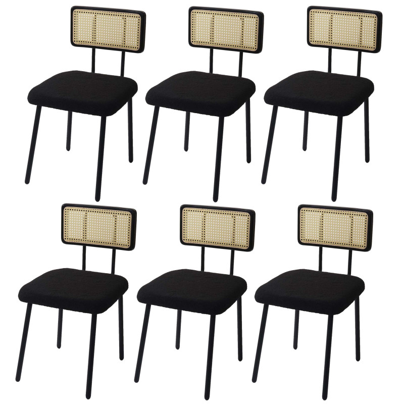 Lot de 6 chaises de salle à manger fauteuil chaise, bois poly rotin métal bouclé - tissu/textile noir