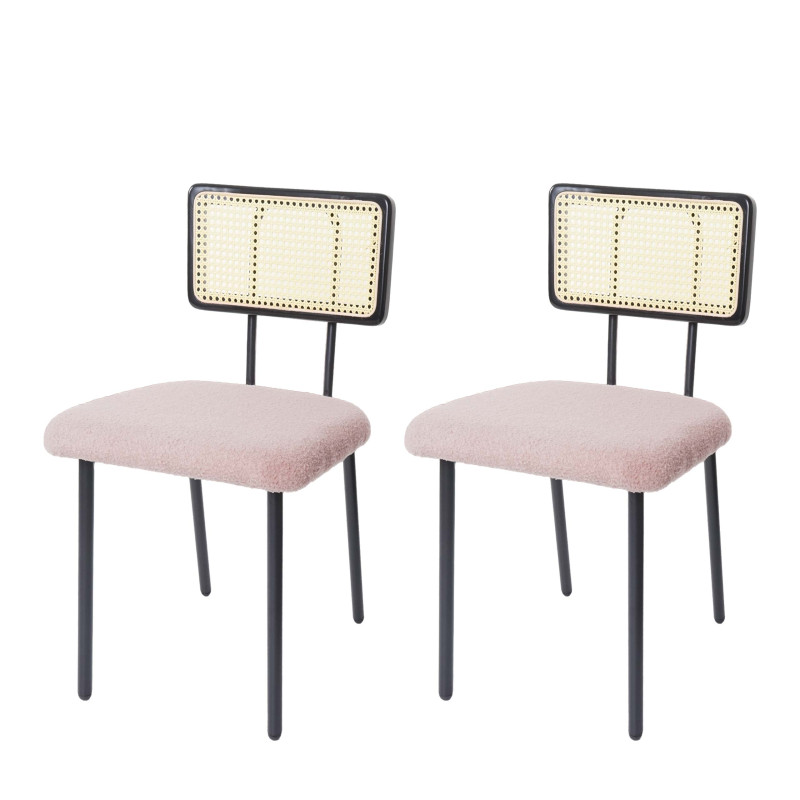 Lot de 2 chaises de salle à manger fauteuil chaise, bois poly rotin métal bouclé - tissu/textile rose