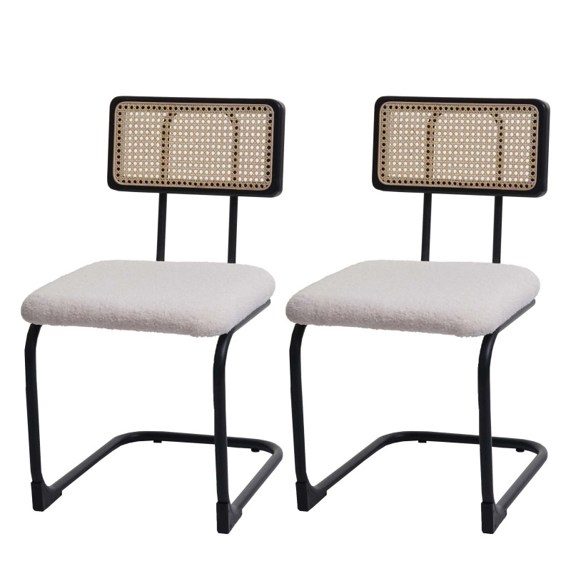 Lot de 2 chaises à piétement luge chaise à dossier, bois rotin métal bouclé - tissu/textile blanc