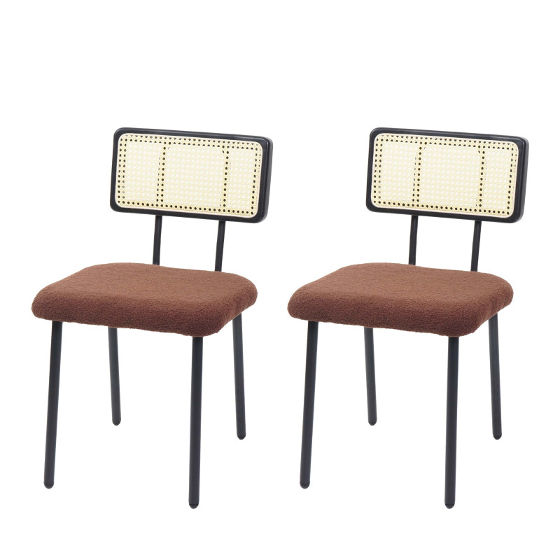 Lot de 2 chaises de salle à manger fauteuil chaise, bois poly rotin métal bouclé - tissu/textile marron