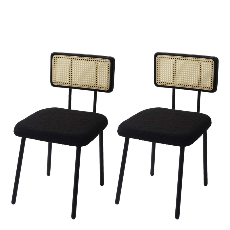 Lot de 2 chaises de salle à manger fauteuil chaise, bois poly rotin métal bouclé - tissu/textile noir
