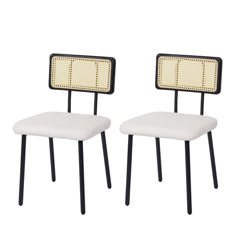 Lot de 2 chaises de salle à manger fauteuil chaise, bois poly rotin métal bouclé - tissu/textile blanc