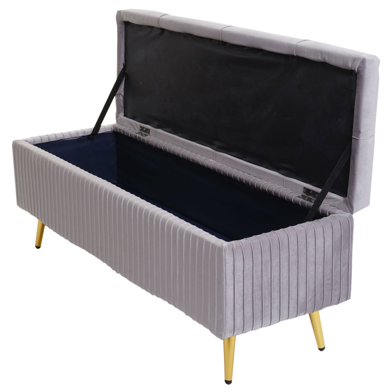 Banc avec espace de rangement banquette rembourrée Coffre de rangement Banc de vestiaire, velours métal 120x40cm - gris clair