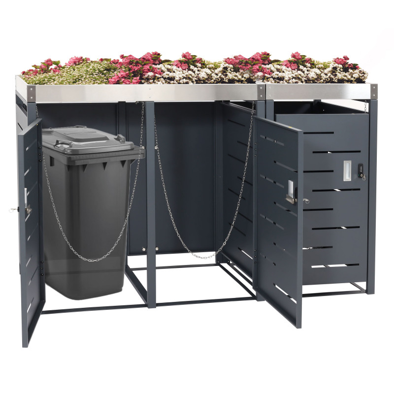 Habillage pour 3 poubelles abri pour poubelles, bac à plantes acier inoxydable-métal combiné 63kg 110x175x62cm extensible