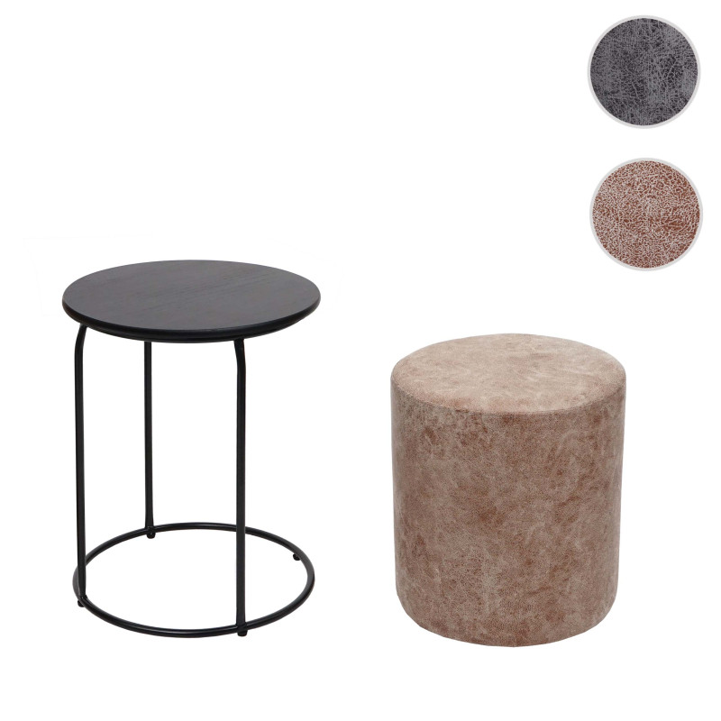 Lot de 2 poufs et table d'appoint table basse table tabouret, certifié MVG MDF métal similicuir - noir