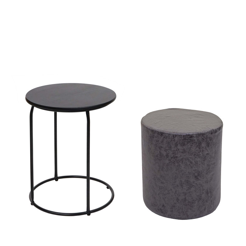 Lot de 2 poufs et table d'appoint table basse table tabouret, certifié MVG MDF métal similicuir - noir