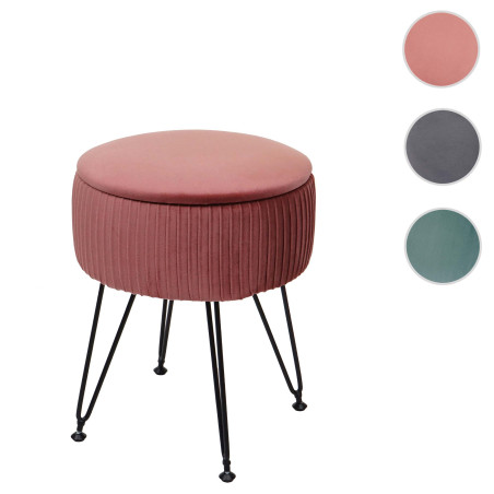 Pouf tabouret avec compartiment de rangement, Ø 33cm, aspect velours - vert, piètement noir