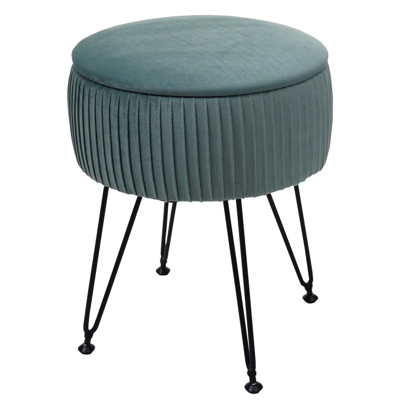 Pouf tabouret avec compartiment de rangement, Ø 33cm, aspect velours - vert, piètement noir