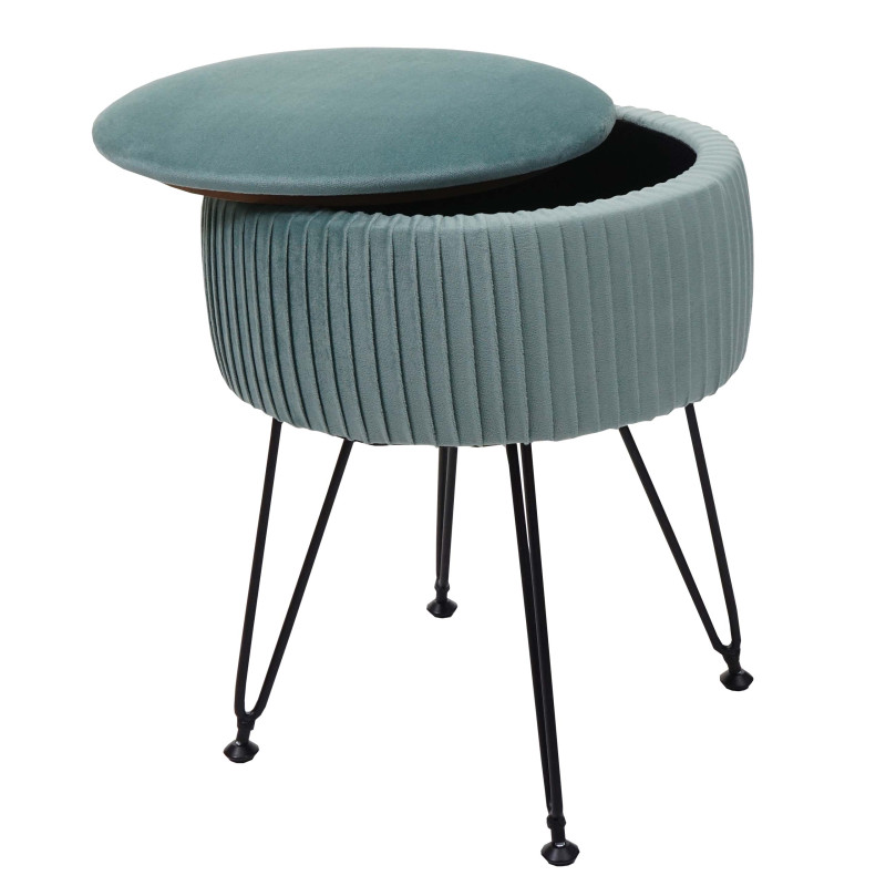 Pouf tabouret avec compartiment de rangement, Ø 33cm, aspect velours - vert, piètement noir