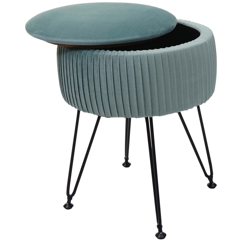 Pouf tabouret avec compartiment de rangement, Ø 33cm, aspect velours - vert, piètement noir