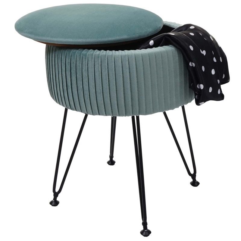 Pouf tabouret avec compartiment de rangement, Ø 33cm, aspect velours - vert, piètement noir