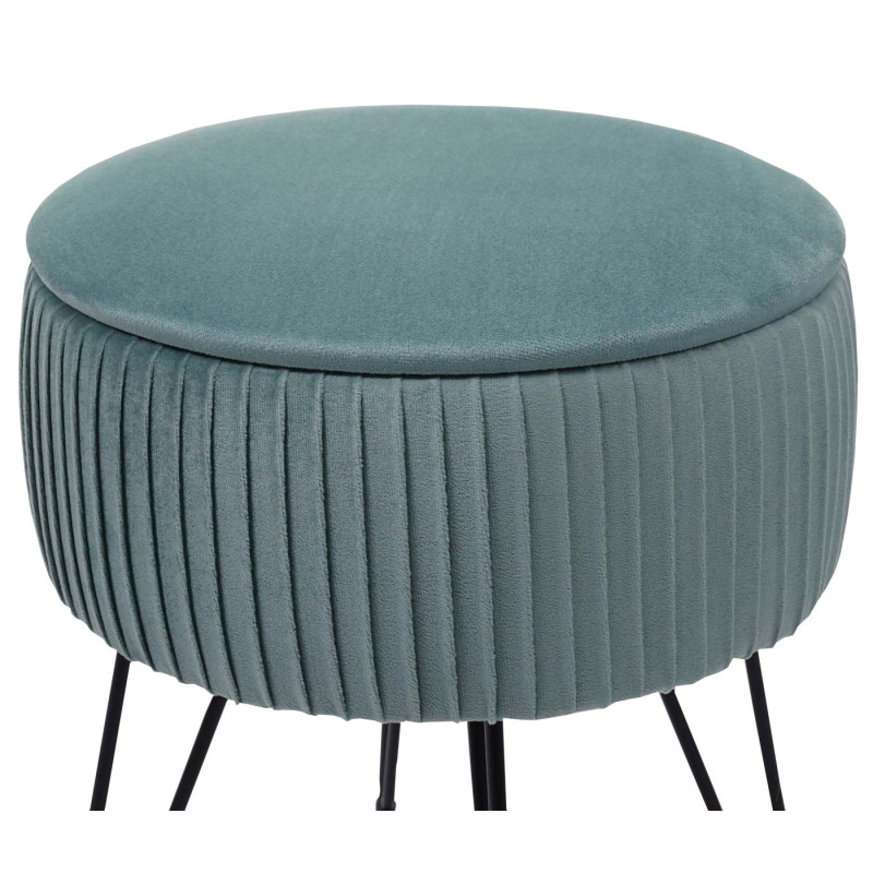 Pouf tabouret avec compartiment de rangement, Ø 33cm, aspect velours - vert, piètement noir