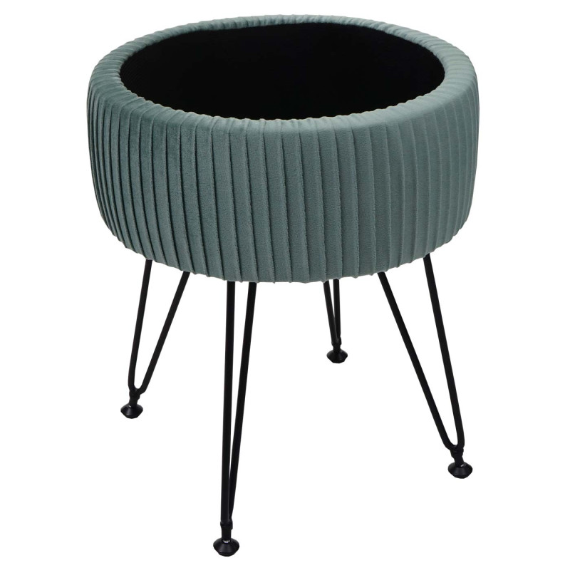 Pouf tabouret avec compartiment de rangement, Ø 33cm, aspect velours - vert, piètement noir