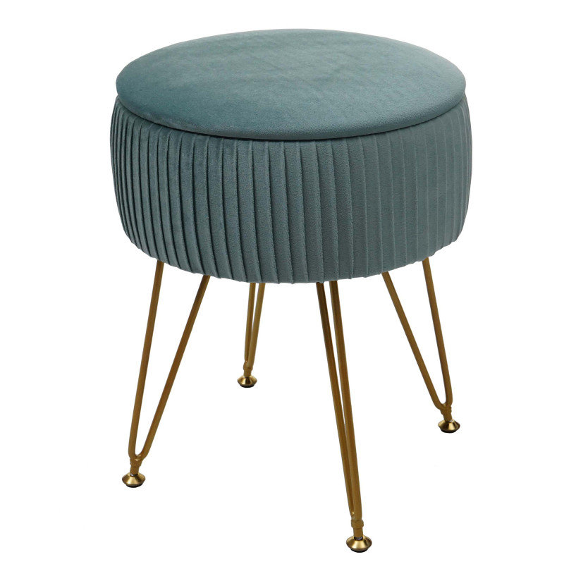 Pouf tabouret avec compartiment de rangement, Ø 33cm, aspect velours - vert, piètement or