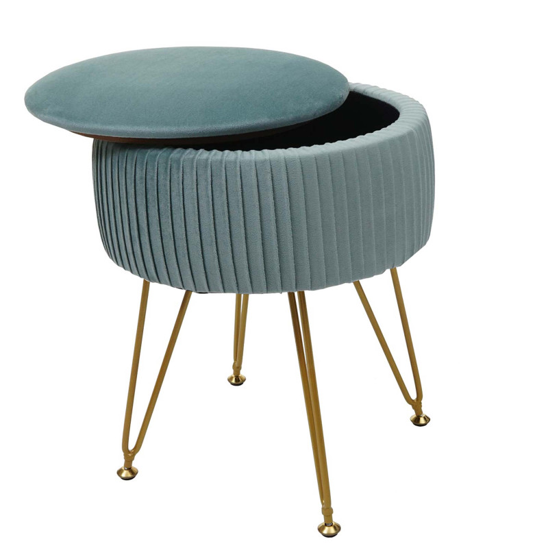 Pouf tabouret avec compartiment de rangement, Ø 33cm, aspect velours - vert, piètement or