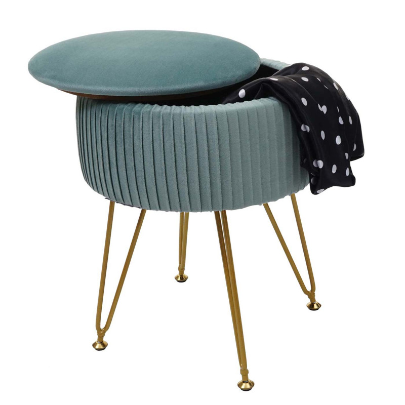 Pouf tabouret avec compartiment de rangement, Ø 33cm, aspect velours - vert, piètement or