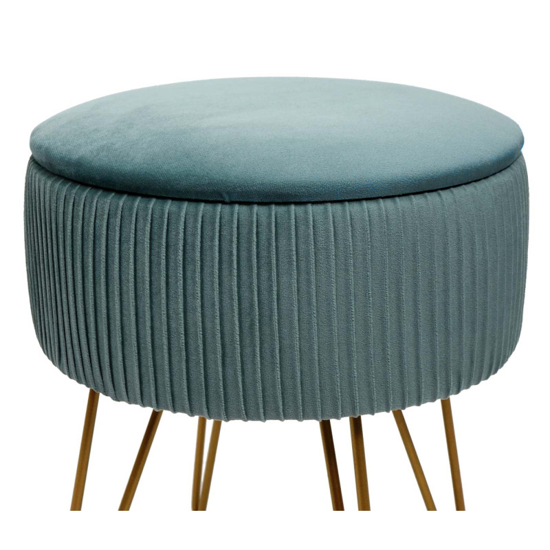 Pouf tabouret avec compartiment de rangement, Ø 33cm, aspect velours - vert, piètement or