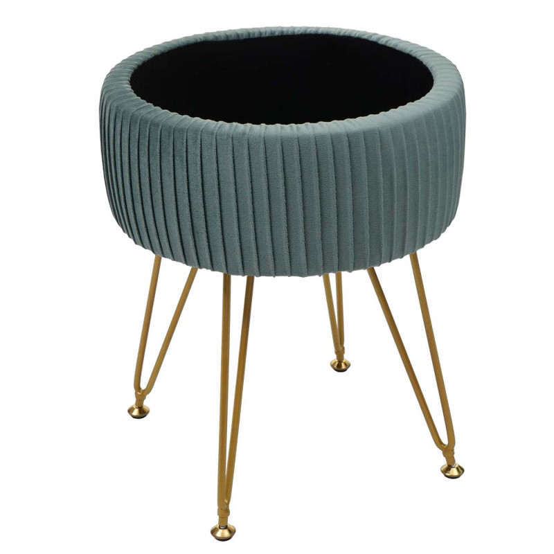 Pouf tabouret avec compartiment de rangement, Ø 33cm, aspect velours - vert, piètement or