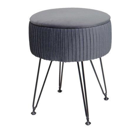 Pouf compartiment de rangement Ø 33cm aspect velours gris clairs piètement noir