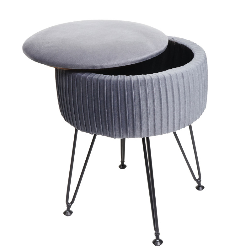 Pouf compartiment de rangement Ø 33cm aspect velours gris clairs piètement noir