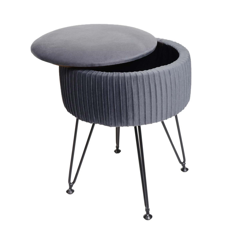 Pouf compartiment de rangement Ø 33cm aspect velours gris clairs piètement noir