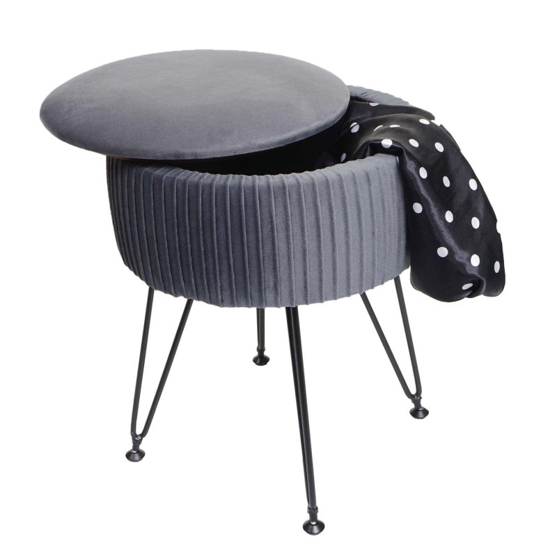 Pouf compartiment de rangement Ø 33cm aspect velours gris clairs piètement noir