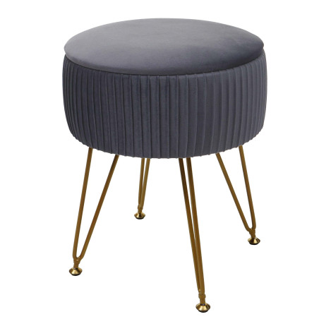 Pouf tabouret avec compartiment de rangement, Ø 33cm, aspect velours - gris clairs, piètement or