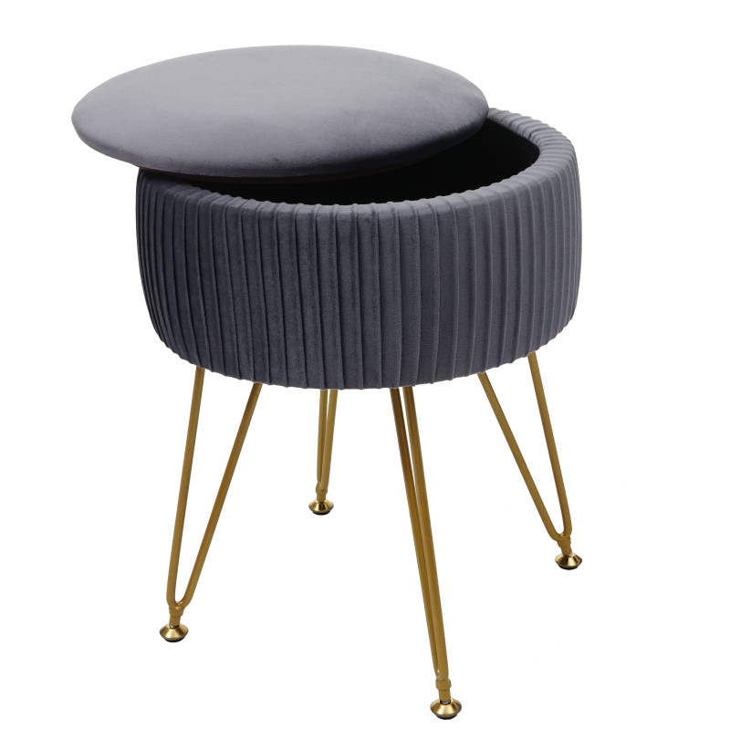 Pouf tabouret avec compartiment de rangement, Ø 33cm, aspect velours - gris clairs, piètement or