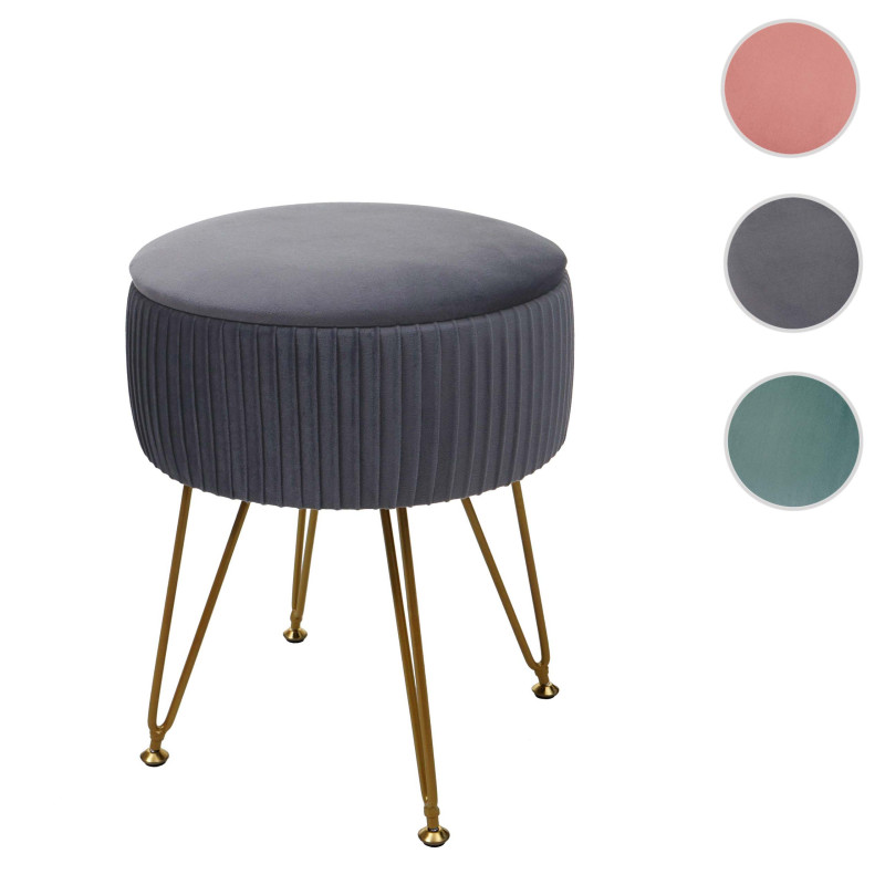 Pouf tabouret avec compartiment de rangement, Ø 33cm, aspect velours - gris clairs, piètement or