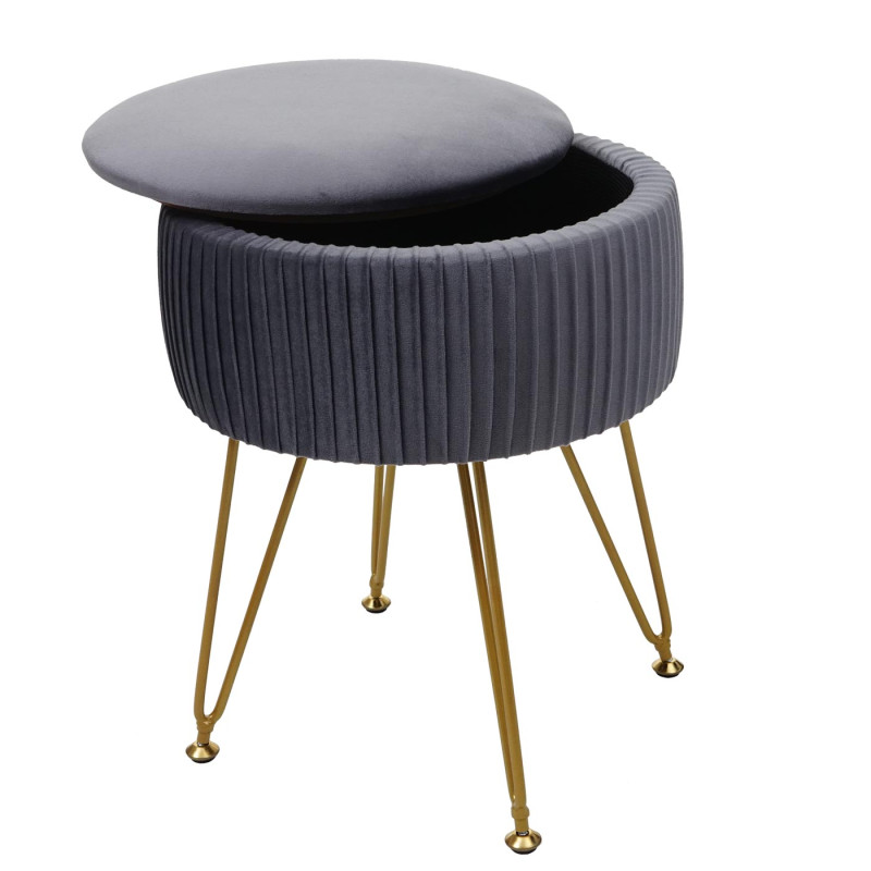 Pouf tabouret avec compartiment de rangement, Ø 33cm, aspect velours - gris clairs, piètement or