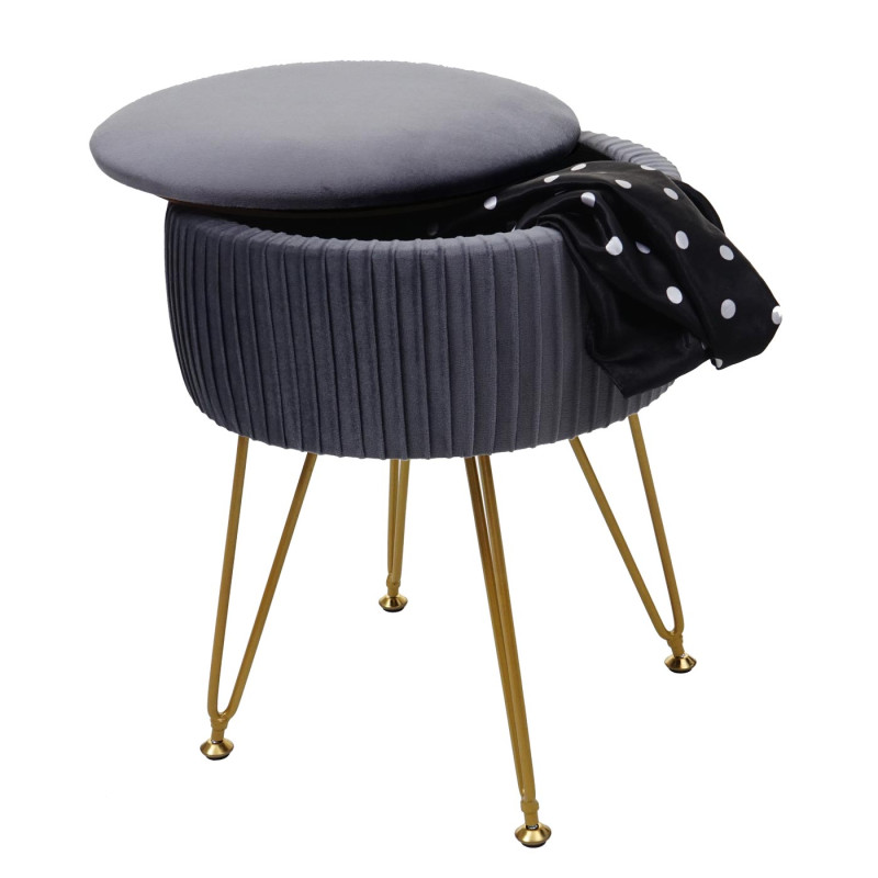 Pouf tabouret avec compartiment de rangement, Ø 33cm, aspect velours - gris clairs, piètement or