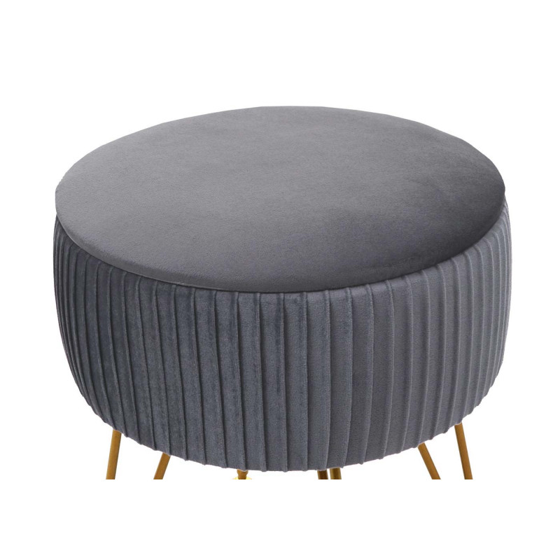 Pouf tabouret avec compartiment de rangement, Ø 33cm, aspect velours - gris clairs, piètement or