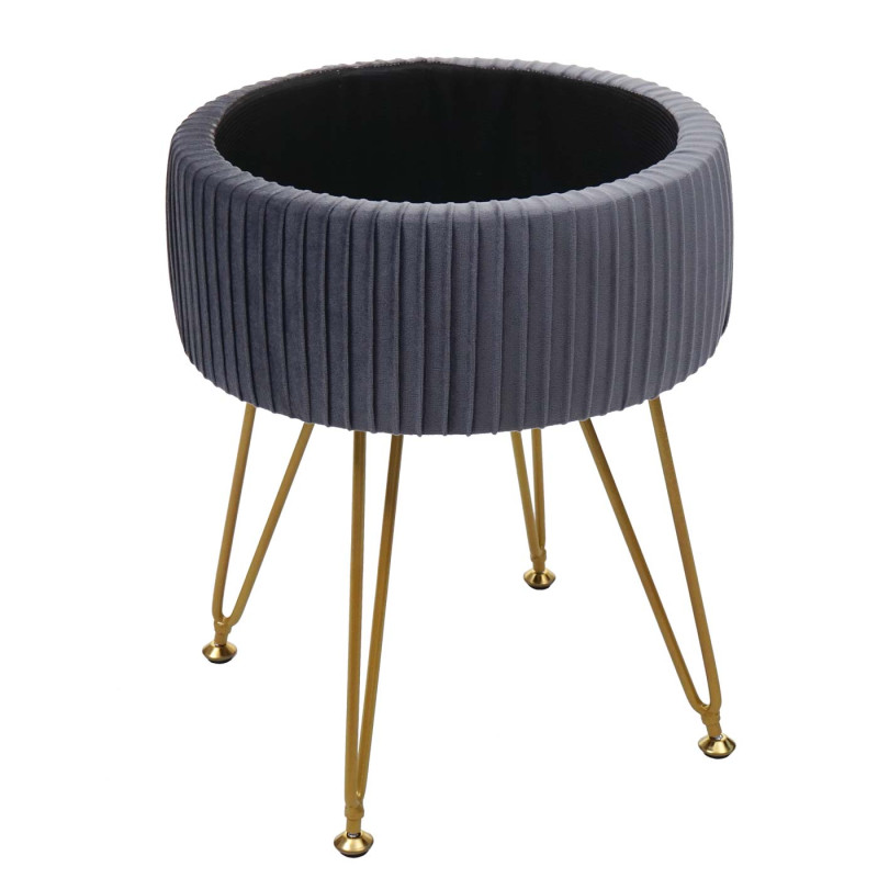 Pouf tabouret avec compartiment de rangement, Ø 33cm, aspect velours - gris clairs, piètement or