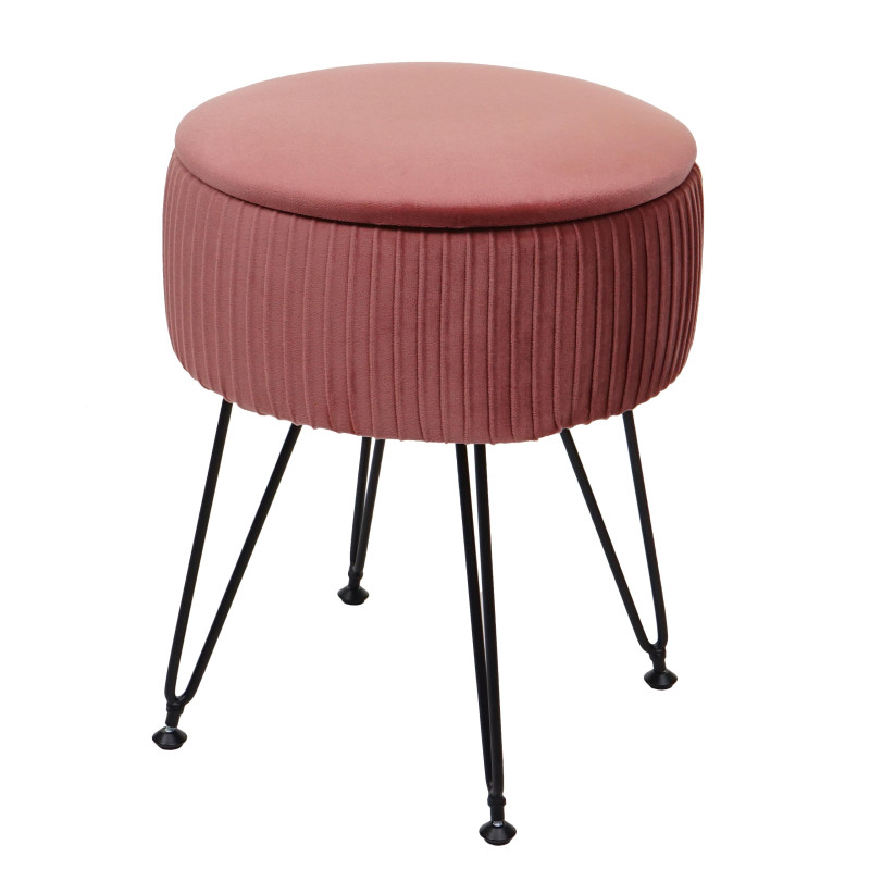 Pouf tabouret avec compartiment de rangement, Ø 33cm, aspect velours - rose, piètement noir