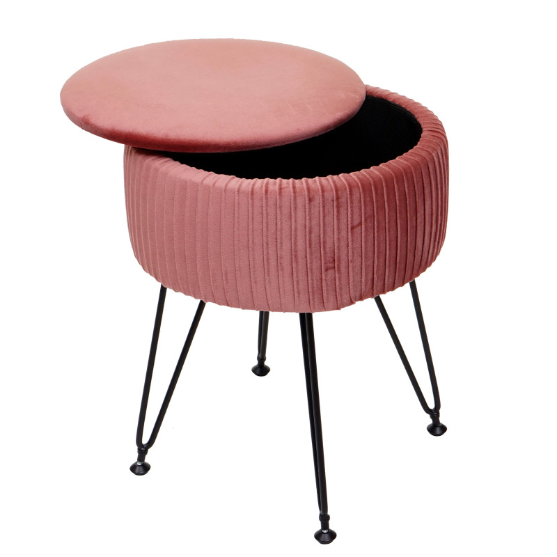 Pouf tabouret avec compartiment de rangement, Ø 33cm, aspect velours - rose, piètement noir