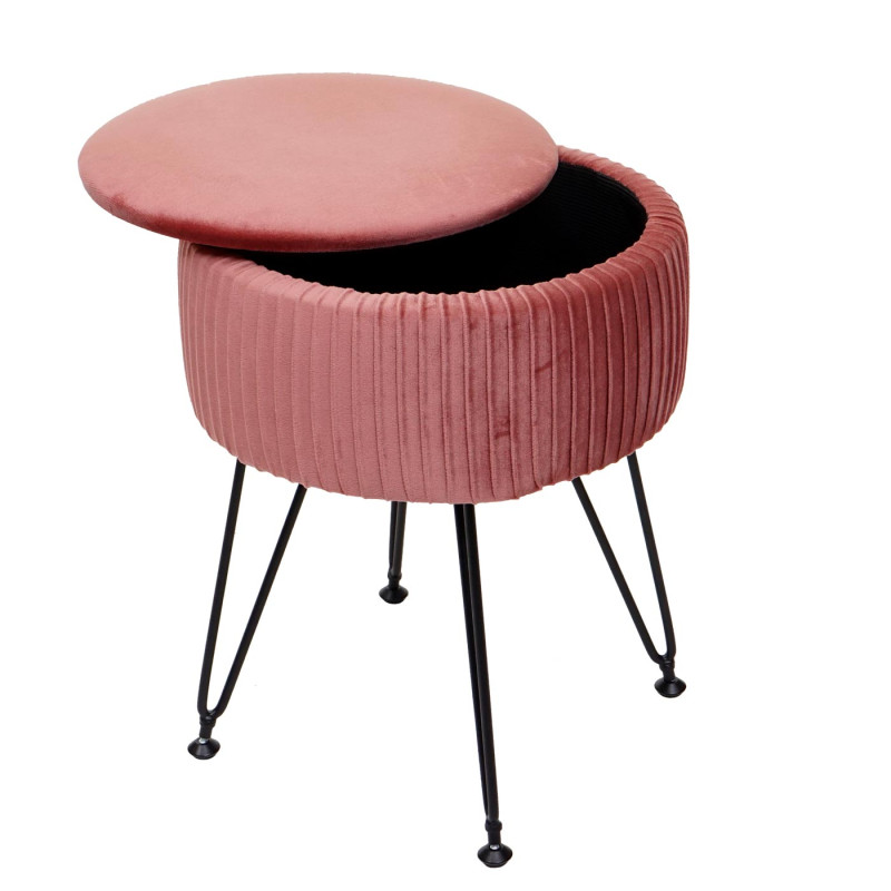 Pouf tabouret avec compartiment de rangement, Ø 33cm, aspect velours - rose, piètement noir