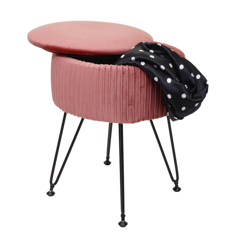 Pouf tabouret avec compartiment de rangement, Ø 33cm, aspect velours - rose, piètement noir