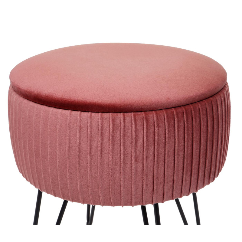 Pouf tabouret avec compartiment de rangement, Ø 33cm, aspect velours - rose, piètement noir