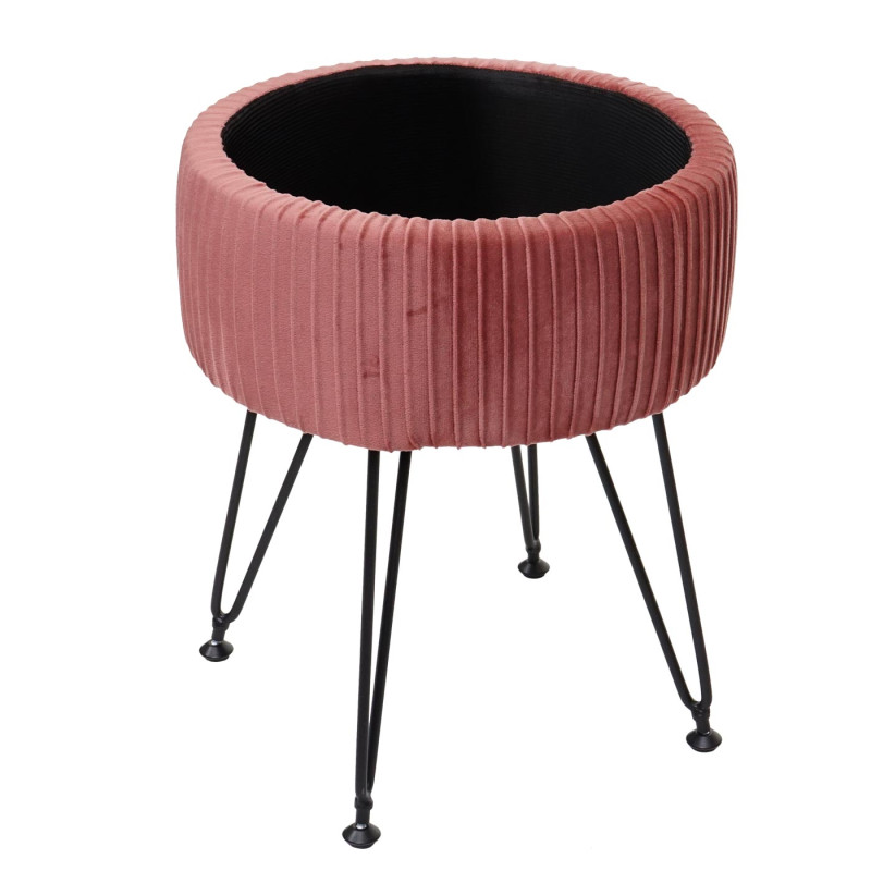 Pouf tabouret avec compartiment de rangement, Ø 33cm, aspect velours - rose, piètement noir