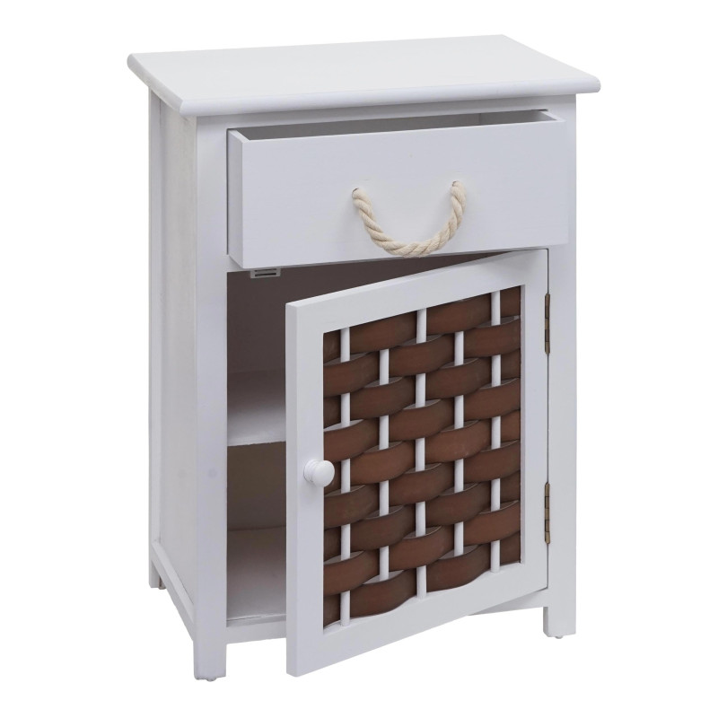 Commode armoire à tiroirs, bois 55x39,5x28,5cm - blanc, poly rotin brun