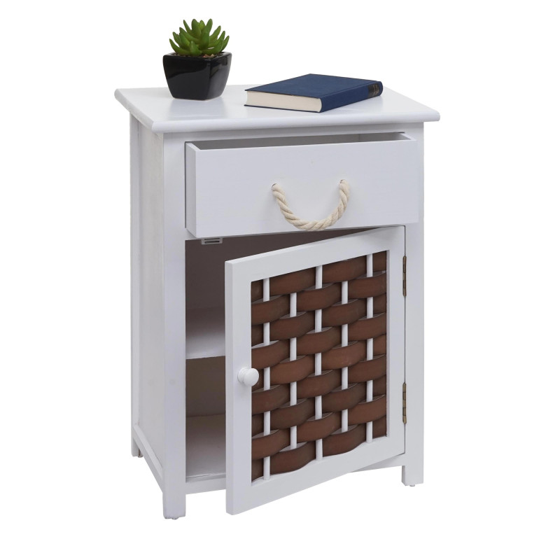 Commode armoire à tiroirs, bois 55x39,5x28,5cm - blanc, poly rotin brun