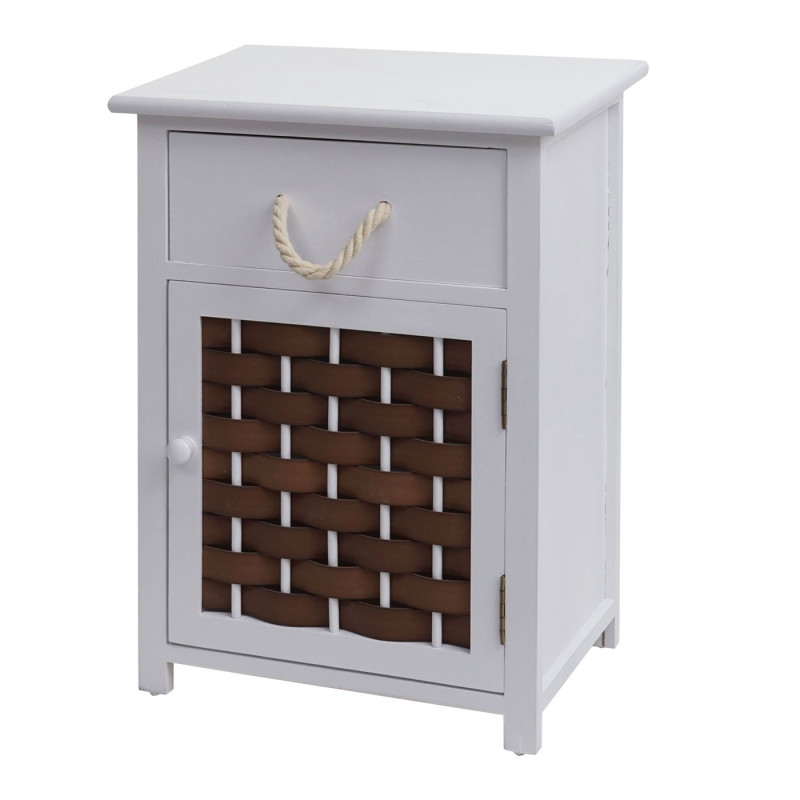 Commode armoire à tiroirs, bois 55x39,5x28,5cm - blanc, poly rotin brun